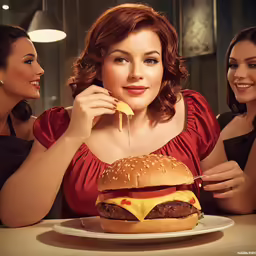 a woman eating a large cheeseburger with three other women looking on
