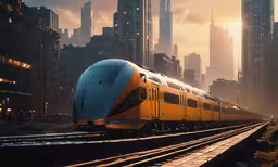 there is a yellow train that is going down the tracks,a train travels past the large city skyscrapers