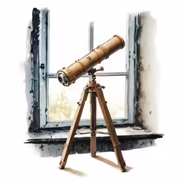 a telescope sitting next to a window on top of a table
