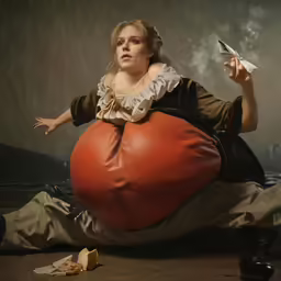 a young girl is posing on top of a giant bean bag