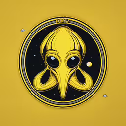 the logo of a computer game is shown with a yellow background,the alien with its head turned upside down is in a circle