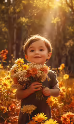 a little boy is holding a bunch of flowers