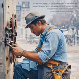 a man is putting a lock on the side of a building