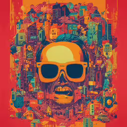 an image of a man wearing sunglasses, in the style of retro pop,a stylized portrait of a man with sunglasses in an orange cityscape background