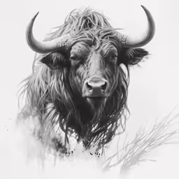 a bison with large horns looks out over grass
