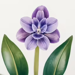 the blooming blue flower with green leaves is in front of a white background
