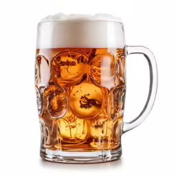 a beer in a beer mug is full with some liquid