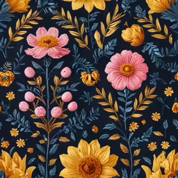 a colorful floral background with yellow, pink, and blue flowers