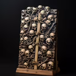 the artwork shows several human skulls gathered together in rows