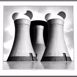 two water cooling towers with clouds in the sky behind them