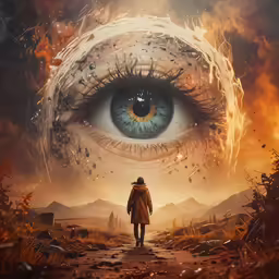 a person walking towards an eye in the sky