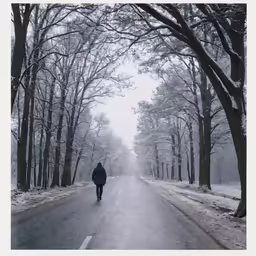 person walking on winter road through forest in snow