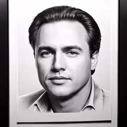 an framed photograph of a man with hair