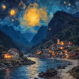 a painting of a river running through a village