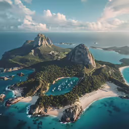 an aerial view of several tropical island with blue water