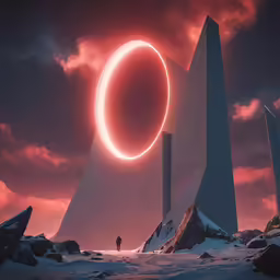 a surreal landscape with a black object in the sky