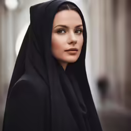 a woman wearing a black shawl and posing for a picture