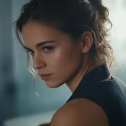a young woman in a black top stares straight ahead
