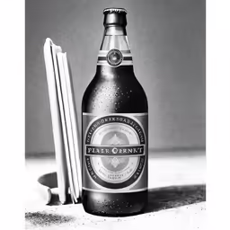 a bottle of draft beer with a straw in front