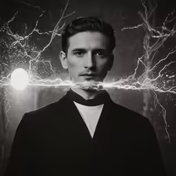 a black and white photo of a man in suit with his head held up to show lightning
