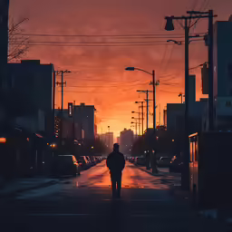a person walking down a street as the sun sets