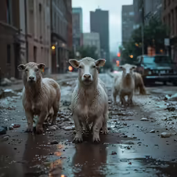 three sheep are standing in the middle of the street