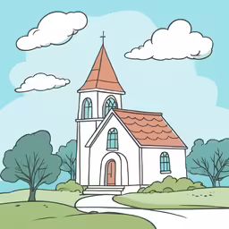 a cartoon church sits on a small hill with trees