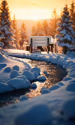 a snowy pond with a sign at sunset