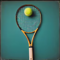a tennis racket and ball sitting on a green background
