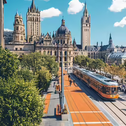 two trains on the track in front of a tall building