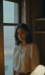 a woman standing by a window with light on