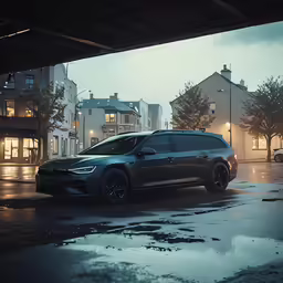the blue car is parked under a overpass