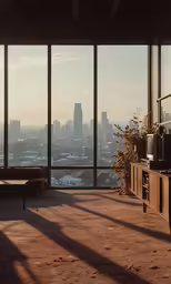 a living room with large windows and city view