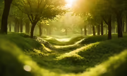 a field with trees near by and the sun coming down