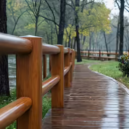 wooden benches along side a tree line on a rainy day
