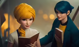 two young women reading a book together