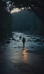 a person walking into a stream at sunset