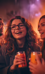 two women are standing together holding drinks in their hands