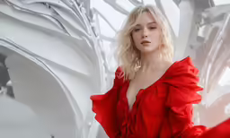 the blonde woman is posing near the sculpture