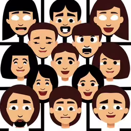 a crowd of people with many different facial expressions,several cartoon style faces are in an illustration