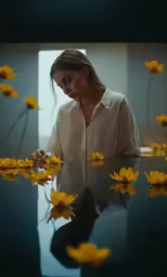 woman with flowers over water looking at it