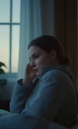 a woman sitting in bed with her hands to her chin