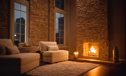the room has a brick wall, two windows and a fireplace