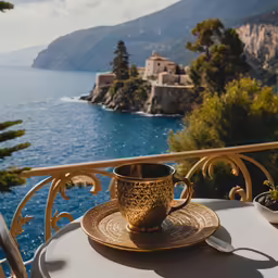 the coffee cup is on the table overlooking the water