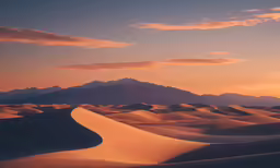 a desert landscape is pictured during sunset, with mountains in the background