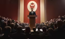 a podium at the front of a room that features a speaker and people seated at tables