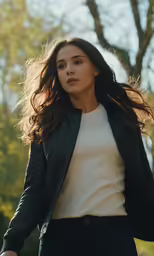 a woman in black jeans is walking down the street