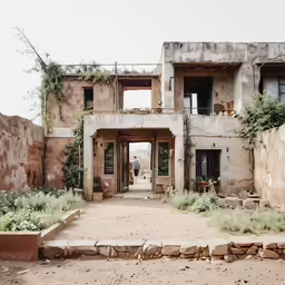 a man is walking down the walkway through an old building