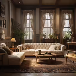 there is an elegant living room with white furniture