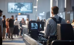 the man is looking at the tv while waiting in line